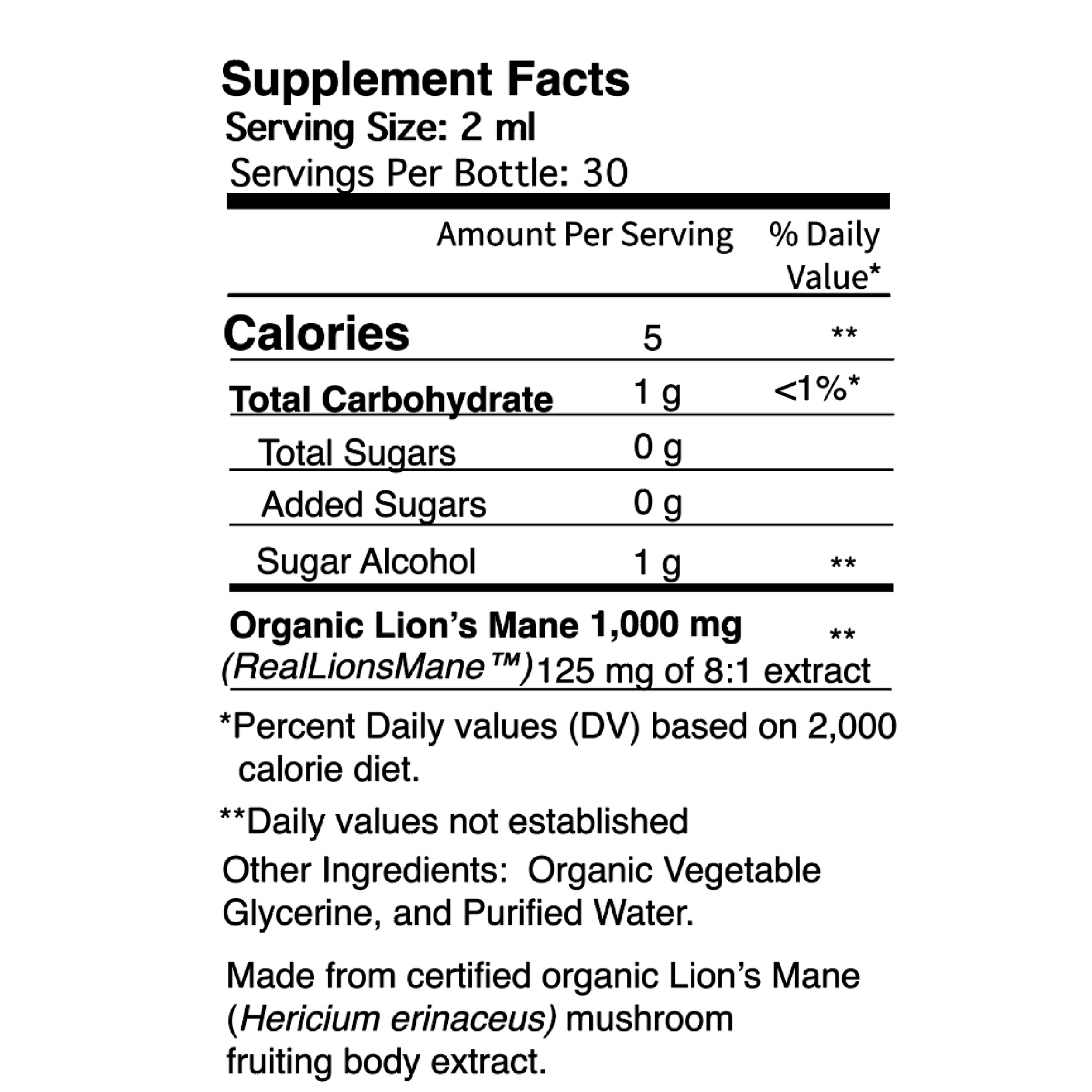 The Supplement Facts panel shows 1,000 mg of organic Lion’s Mane Extract