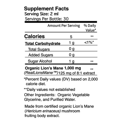 The Supplement Facts panel shows 1,000 mg of organic Lion’s Mane Extract