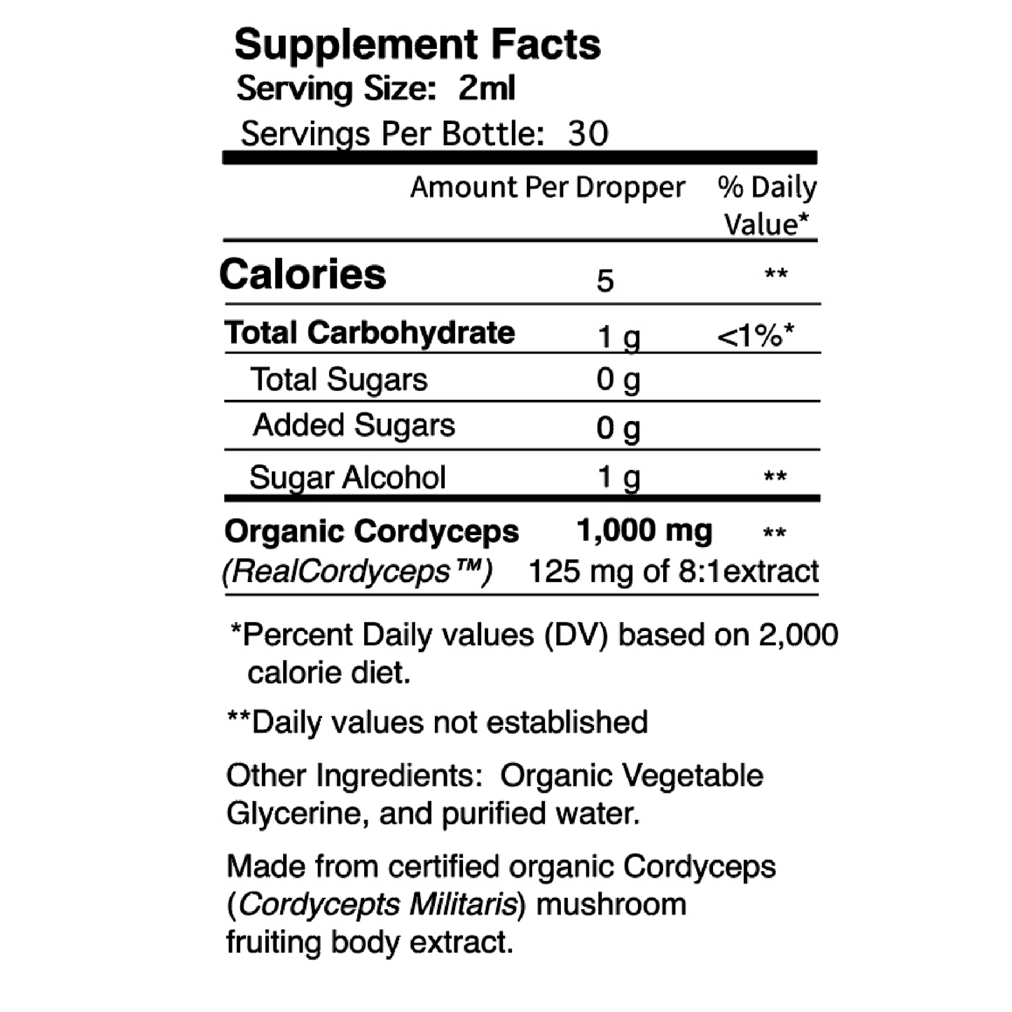 The Supplements Facts panel shows 1,000 mg of organic cordyceps