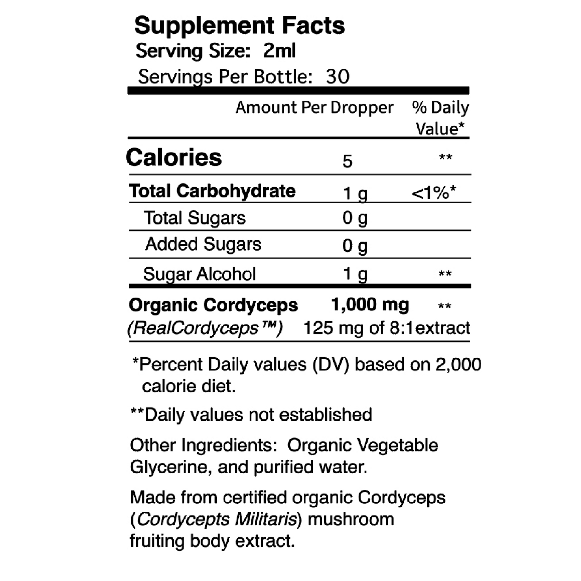 The Supplements Facts panel shows 1,000 mg of organic cordyceps