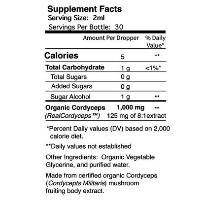 The Supplements Facts panel shows 1,000 mg of organic cordyceps