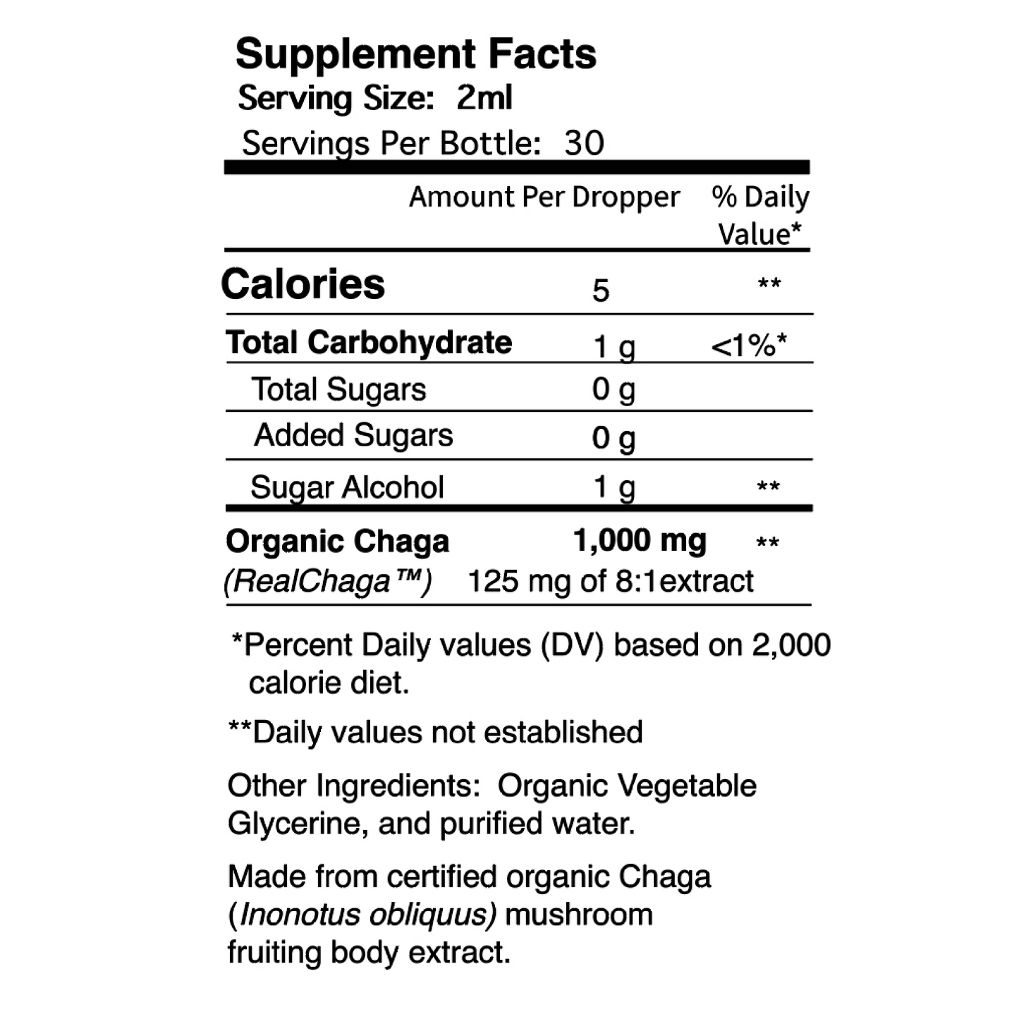 The Supplement Facts panel shows 1,000 mg of  Organic Chaga  extract