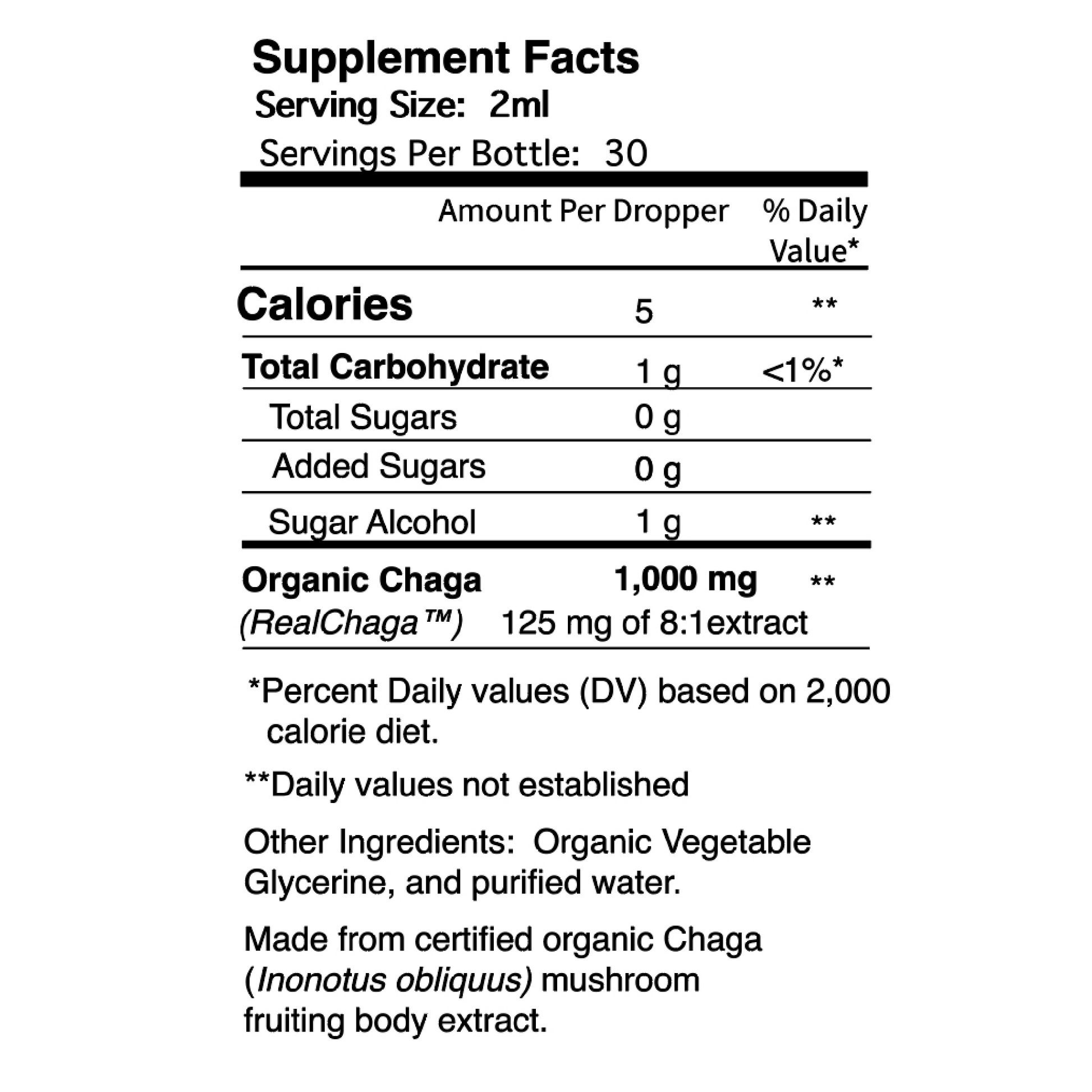 The Supplement Facts panel shows 1,000 mg of  Organic Chaga  extract